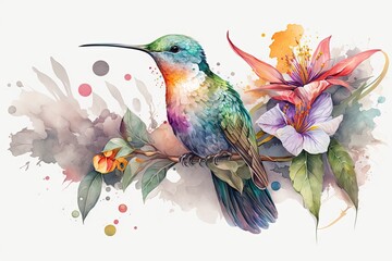 Colorful humming bird on stick tree with flower in watercolor design artistic. Concept of painting technique isolated on white background in canvas. Glorious generative AI.