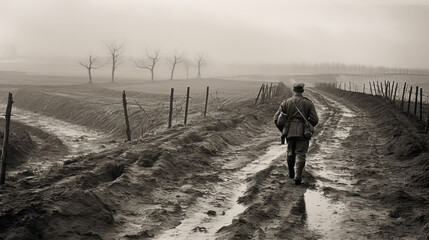 A defeated Polish soldier walking home down a lonely dirt road during WW2