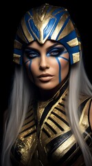 Blue and gold face paint on a woman, portrait of a woman with mask