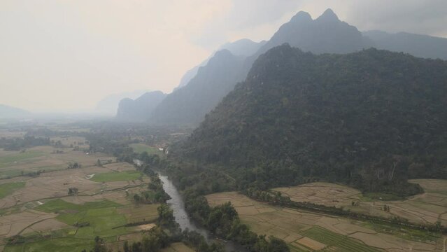 The aerial view of countryside around Luang Prabang in Laos