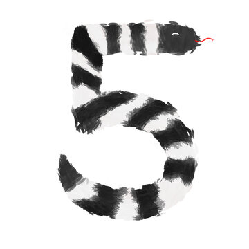 the image of a snake on the number five (5). The Malayan krait has black and white on the body and tail, hand drawing cartoon, PNG transparent.