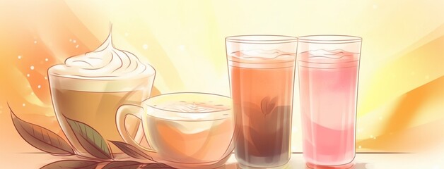 Coffee still life illustration, drawing in pastel colors, on a light background