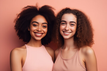 Afro-american and caucasian smiling young women with the same hair style. Generative AI