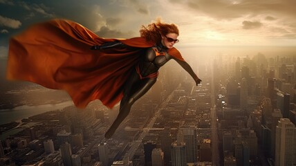 Female superhero woman with red cape flying over city with superhero's gesture. Picturesque generative AI - obrazy, fototapety, plakaty