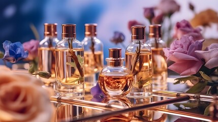 bottles and flacons with perfume essences and oils, the concept of making spiritof perfume products, AI generation - obrazy, fototapety, plakaty