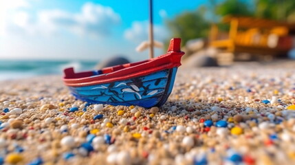Fototapeta na wymiar sand beach ,wooden boat , at sea blue sky and water wave ,generated ai