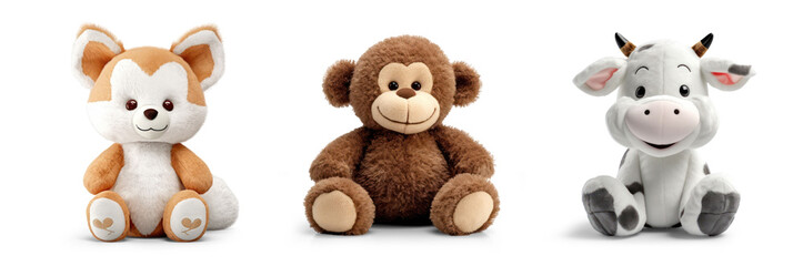Obraz premium cutout set of 3 stuffed animal toys isolated on transparent png background - Generative AI