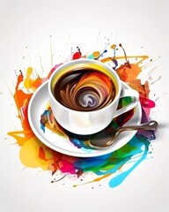 Coffee splash, still life illustration, drawing in vibrantly colors, on a white background