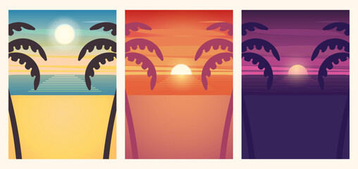 Set of 3 summer beach illustrations. Day, evening, night. Vector posters or backgrounds to put your own text