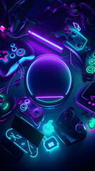 Abstract vertical gaming background with neon lights. Generative AI