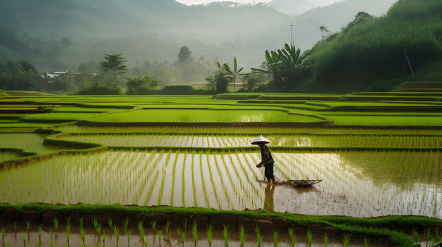 Native man working in rice field. beautiful landscape. Generative AI