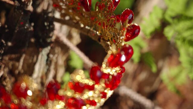 Golden crown with red jewels on tree branches