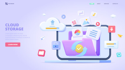Transfer files, safe cloud storage, data synchronisation, device move file to secure cloud storage. Three dimensional design concept for landing page. 3d vector illustration for website, print, banner