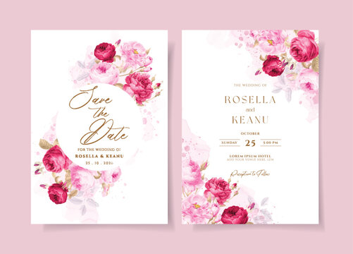 Watercolor wedding invitation with romantic pink flower
