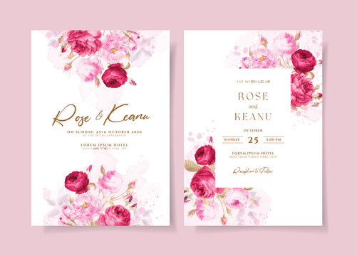 Watercolor wedding invitation with romantic pink flower