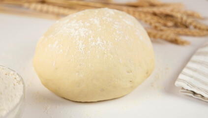 Raw dough, flour and ears of wheat on white background, close-up front view. Home baking concept.