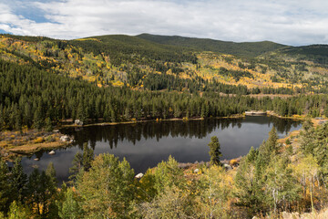 Early autumn at Chapman Reservoir, which has a concrete dam and many recreational water activities and camping.
