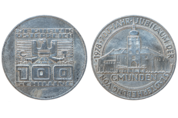 Austrian silver 100 shilling coin from 1978. Republic of Austria and Gmunden City Hall. 700th anniversary of the city of Gmunden.