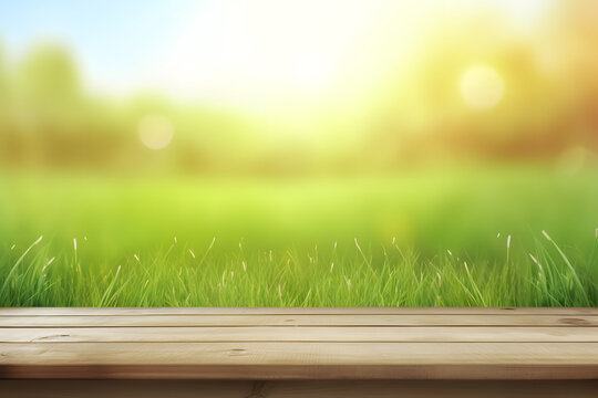 Green grass on wooden background, a beautiful landscape with the sun shining down. Illustration, AI-Generated.