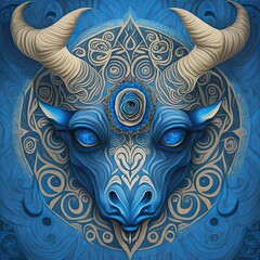 A rose in the center of the bull monster's head. Decorative rosette, with arabesques and a fantastic animal. The blue beast.