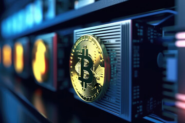 Bitcoin gold coin and defocused chart background. Virtual cryptocurrency concept.
