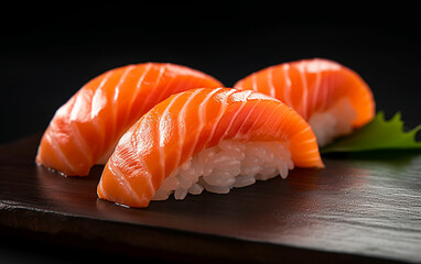  Japanese sushi, [salmon nigiri]  An impressive visual representation of three juicy salmon nigiri sushi, expertly photographed to showcase the gourmet aspect of the culinary masterpiece.　Generative A