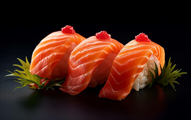  Japanese sushi, [salmon nigiri] A captivating food photography shot displaying three tantalizing salmon nigiri sushi, an exquisite example of gourmet culinary art.　Generative A