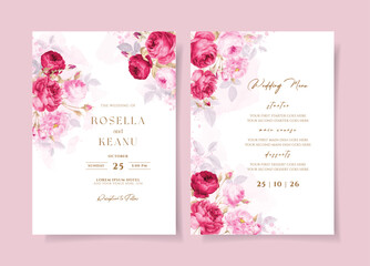 A watercolor wedding invitation card template with pink and red flowers decoration