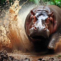 A hippopotamus running through muddy water towards the camera. Generative ai