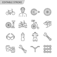 Bicycle line icon set. Bike outline symbol collection with bicyclist, wheel, bicycle pump, helmet, glasses, handlebar, wrench. Vector illustration of repair service. Editable stroke. - 607190747