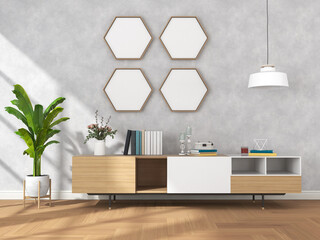 living room interior with wooden sideboard and mock up frame 3D rendering