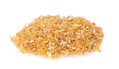 Pile of Fried Garlic, golden yellow fried garlic group stack. Beautiful fried garlic ready to serve on top of food dish, food object design. White background isolated