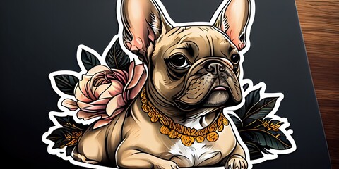 Art design in french bulldog sticker die cut of dog with minimal concept. Decorated in cartoon graphic isolated on plain background. Glorious generative AI. - obrazy, fototapety, plakaty