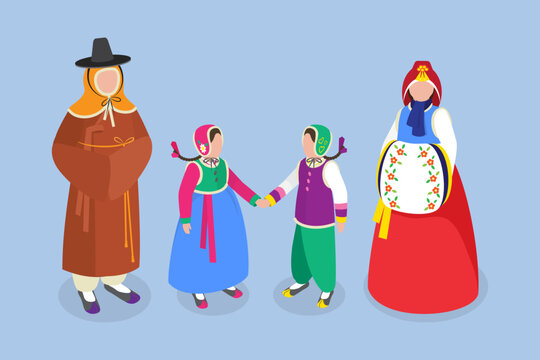 3D Isometric Flat Vector Conceptual Illustration of Traditional Korean Clothing, Set of Characters