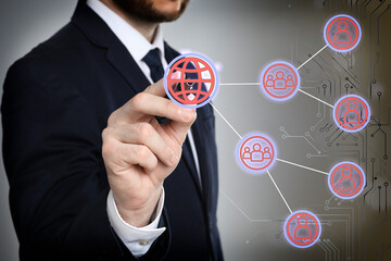 Multi-level marketing. Businessman touching scheme on digital screen, closeup. Illustration of...