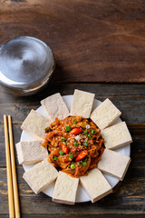 Korean food, Tofu and stir fried kimchi with pork (Dubu Kimchi)