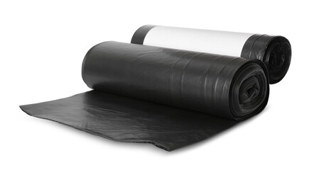 Rolls of black garbage bags isolated on white