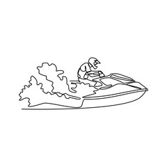 One continuous line drawing of a people playing jetski on the sea. Jetski concept illustration in simple linear style. Sea sprot design concept vector illustration