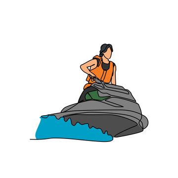 recommend clip art: One continuous line drawing of a people playing jetski on the sea. Jetski concept illustration in simple linear style. Sea sprot design concept vector illustration