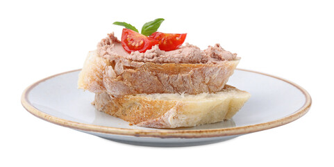 Plate with delicious liverwurst sandwich on white background