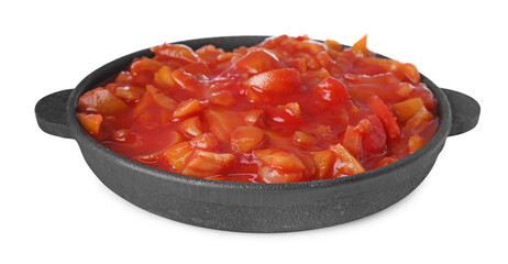 Delicious lecho in frying pan isolated on white