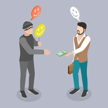 3D Isometric Flat Vector Conceptual Illustration of Swindling or Scamming, Criminal Steals Money