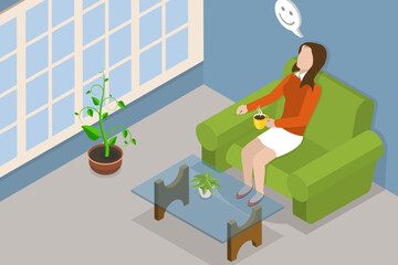 3D Isometric Flat Vector Conceptual Illustration of Time to Relax, Enjoying a Beverage