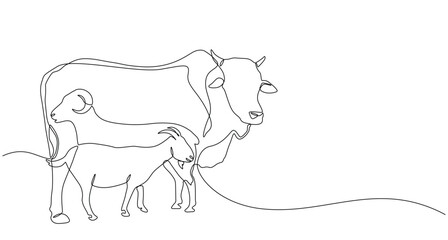 Continuous line of Eid Al Adha banner design. goats, sheep, cows background for Muslim Community Festival. Single line Muslim Hari Raya fit for qurbani day, Eid Al Adha in doodle one line style