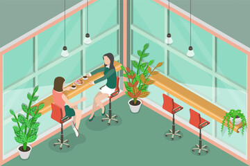 3D Isometric Flat Vector Conceptual Illustration of Females Having a Meal Together, Coffee House Indoor Interior