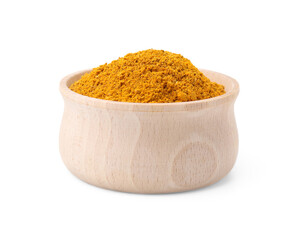 Bowl with curry powder isolated on white