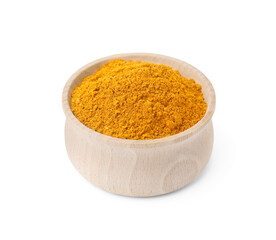 Bowl with curry powder isolated on white