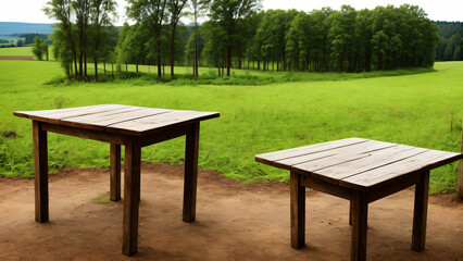 Two tables on a dirt path with trees and hills in the background, farm field background