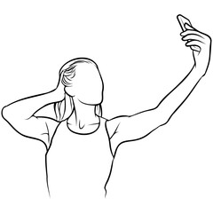 Woman Holding Camera Selfie Line Drawing.