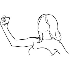Woman Holding Camera Selfie Line Drawing.